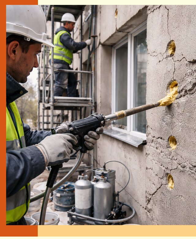 Заполнение пустот в фасаде и утепление стен в Новокуйбышевске